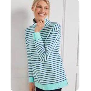 T by Talbots Womens L Blue Textured Funnel Neck Stripe Pullover Casual Top Soft